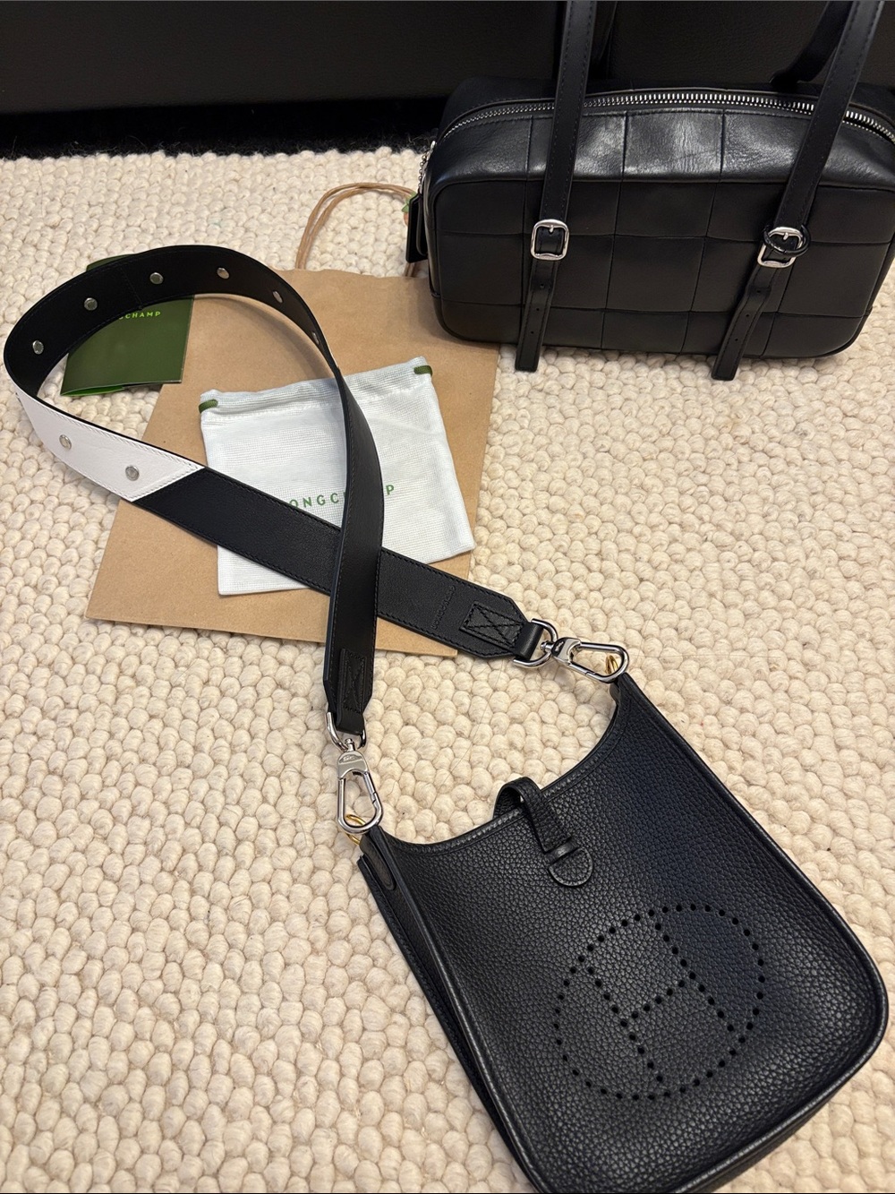 Longchamp Black White Reversible Leather Strap. Perfect for Hermes Evelyn Kelly